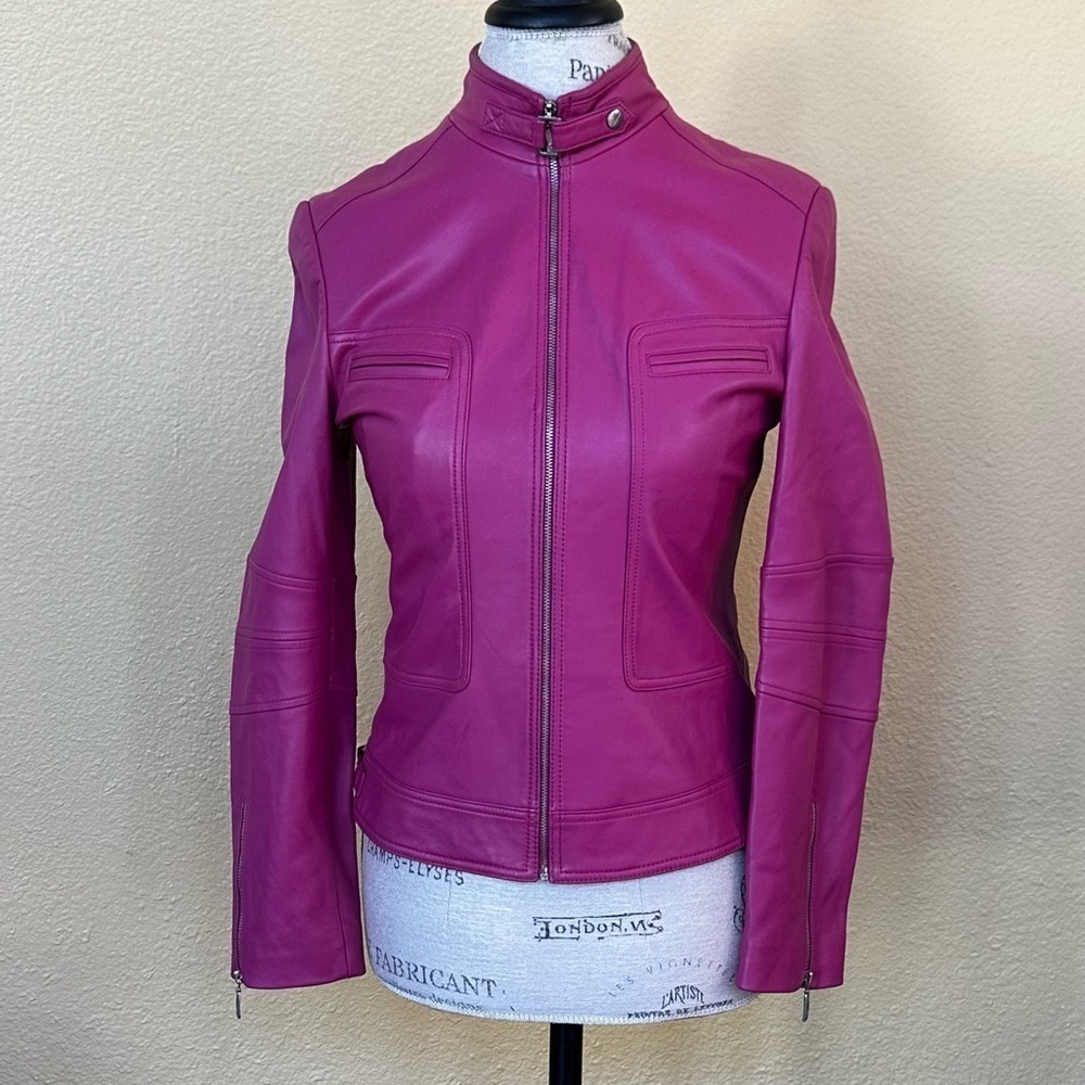 Pitti Collection Women’s Bright Pink All Leather Jacket Italian Size 40 EUC! - Picture 2 of 12